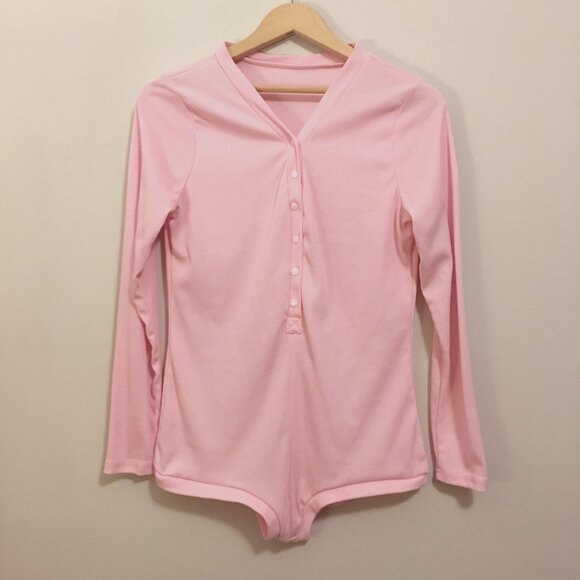 Bubblegum Pink Ribbed Button Down Costume Bodysuit - Picture 1 of 14